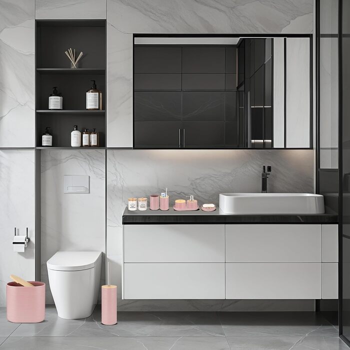 Набір для ванної кімнати IMAVO, 26 предметів: аксесуари для ванної, душова завіса, килимок, сміттєвий бак, піднос, дозатор для мила, мильниця, тримач для зубних щіток, стаканчик для зубних щіток (рожевий)