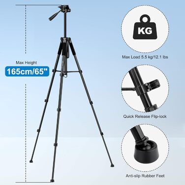 Штатив для камери JOILCAN 165см, алюміній, чорний. Підходить для Canon, Nikon, Sony DSLR, смартфонів. Макс. навантаження 5,5 кг, з сумкою