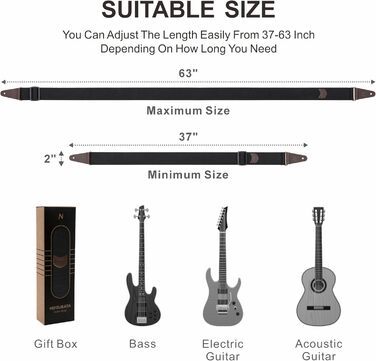 Гітарний ремінь Nefelibata з кишенькою для медіаторів, шкіряні кінці, для бас, електро- та акустичної гітари, з безкоштовними фіксаторами, 1 пара замків та 4 медіатори, чорний