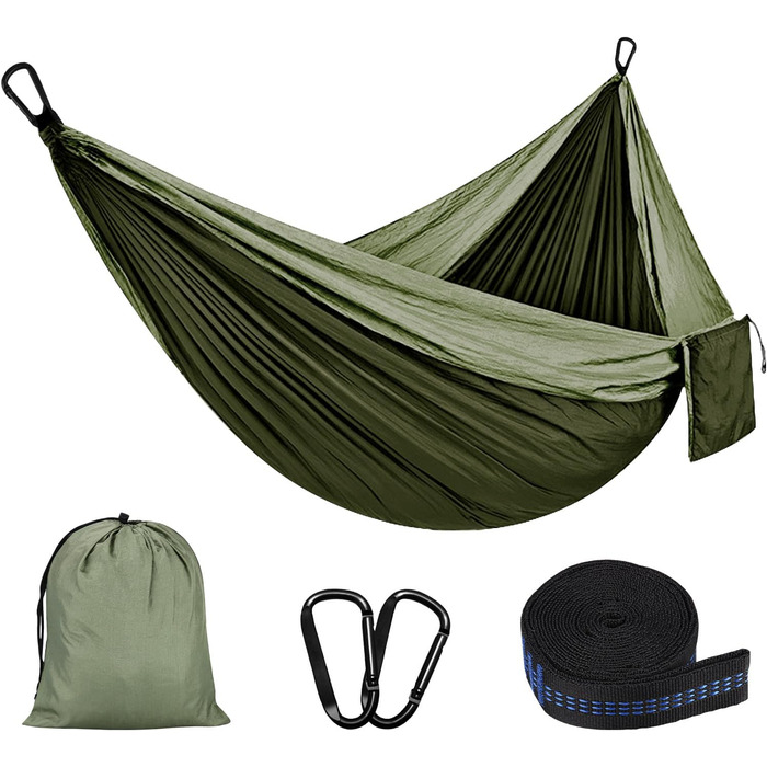 Гамак для відпочинку на природі та кемпінгу: міцний, ультралегкий, для одного або двох, 300 кг, 200 x 300 см, нейлон, зелений (хакі)