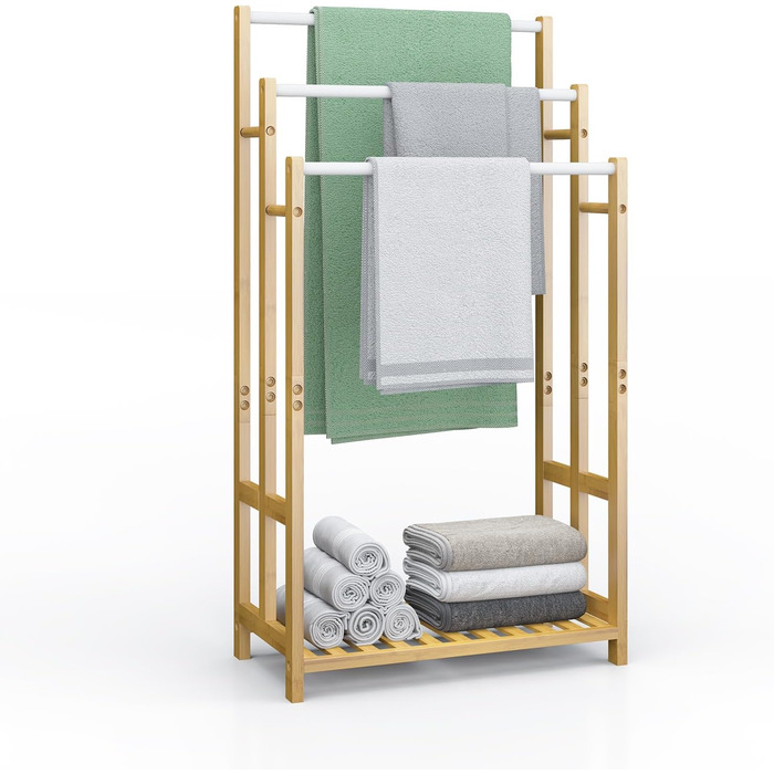 Підставка для рушників Dripex з бамбука, 96 см, з 3 нержавіючими стійками та полицею для ванної кімнати