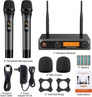 Бездротові мікрофони: комплект 2 шт. з приймачем, UHF, 60м, для вечірок, конференцій, караоке (сірий)