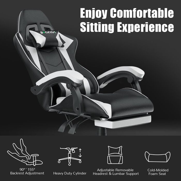 Геймерське крісло Bigzzia Ergonomic з підлокітниками, подушкою для попереку та голови, регульованою висотою, з підставкою для ніг - Білий
