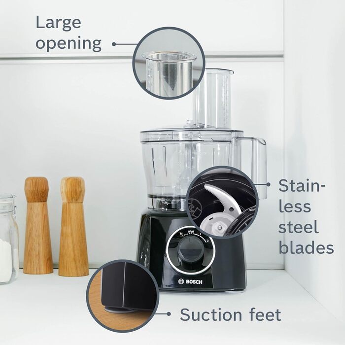 Кухонний комбайн Bosch MultiTalent 3 MCM3201B, 800 Вт, 30 функцій, 2.3 л, міксер 1 л, універсальний ніж, насадки для нарізки і натирання, збивальна насадка, чорний