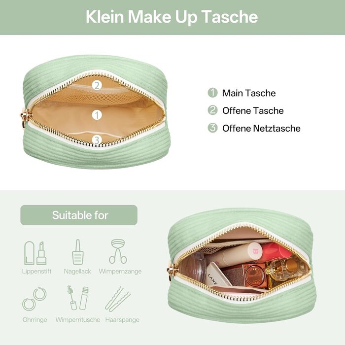 Косметичка жіноча KALIDI з корду, зелена, з відділеннями, на блискавці, для подорожей