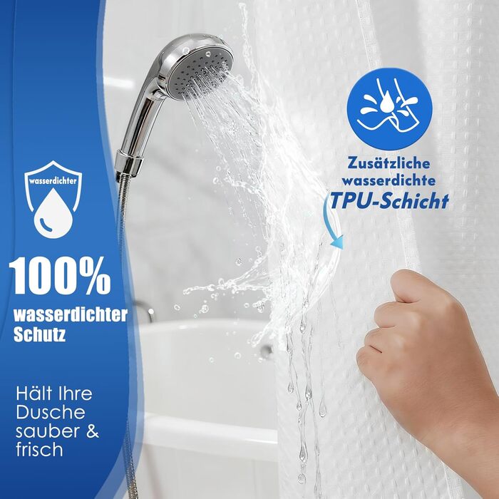 Водонепроникна штора для душу з вафельного текстилю 180x190 см, 260 GSM, біла. Преміум якість, анти-грибок, 10 петель, стиль готелю/SPA, машинне прання