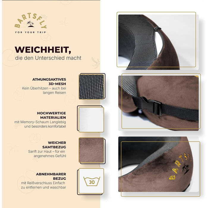 Подушка для шиї Memory Foam - Автомобільна та авіаційна, ергономічна, проти болю в шиї, для сну, для далеких перельотів, пральна (Коричнева)