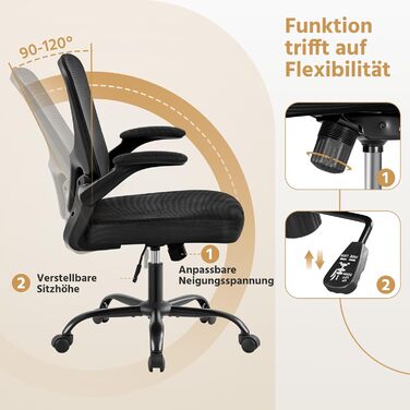 Офісне крісло Yaheetech з підйомними підлокітниками, регульованою підтримкою попереку, сітчасте крісло, ергономічне, з функцією гойдання, регульоване по висоті, чорне