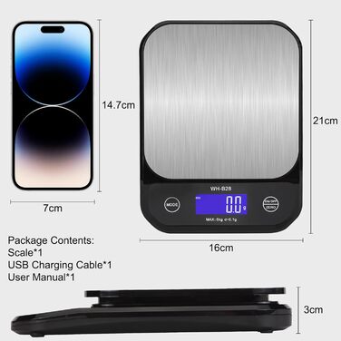 Водонеробочі кухонні ваги 3T6B IP67, USB, 5 кг/0.1 г, LED-дисплей для приготування їжі та випічки