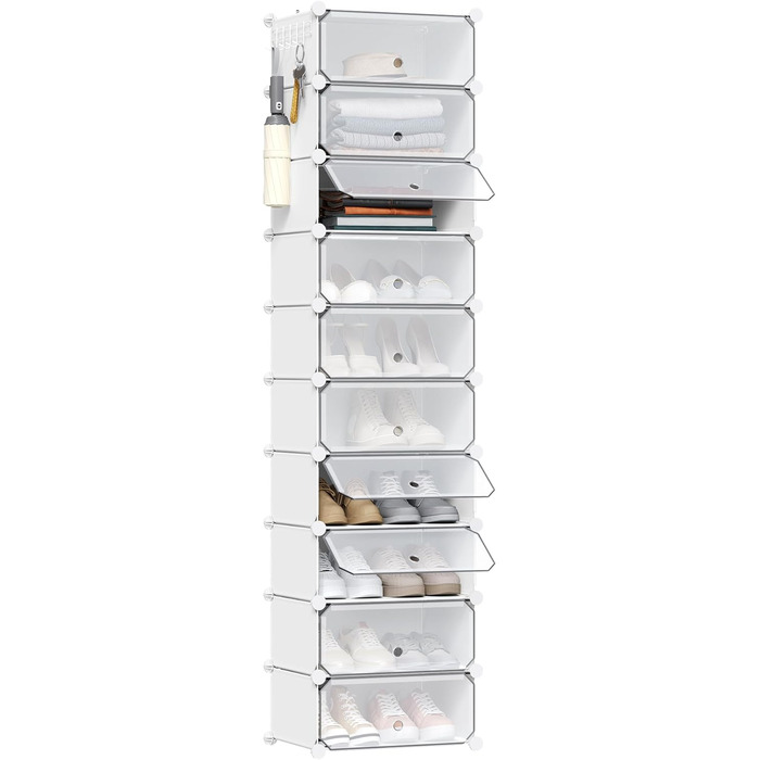 WOLTU Shoe Box, Shoe Storage, Set of 10, Stackable Design, for 20 Pairs, with Door, Hooks, 40x30x170 cm, White