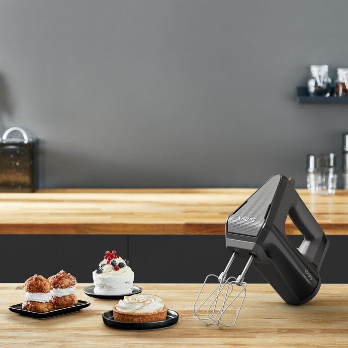 Krups GN6028 3MIX 6000 Hand Mixer | 600 W | Precise Control | Soft-Touch Handle | Long Cord | Practical Speed Control | Includes Whisk and Dough Hook | Black