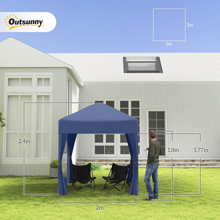 Outsunny 2x2m (6.5 x 6.5ft) Waterproof Pavilion, Pop-up Folding Canopy with 4 Side Walls, Drainage Holes Windows, Foldable Party Tent UV 30+, Garden Tent with Carrying Bag, Garden Pavilion for Patio, White (Blue)