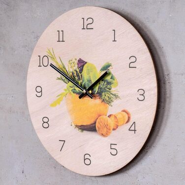Levandeo Wall Clock, 30x30cm, Clock as Image, Kitchen, Herbs, Spices, Cooking, Decoration (Wood, Round)