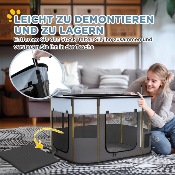 PawHut Вольєр для цуценят складаний, вольєр для собак з оксфордської тканини, дихаючий сітчастий матеріал, вольєр для собак, вольєр для котів, собак вагою до 10 кг, для використання в приміщенні та на вулиці, сірий