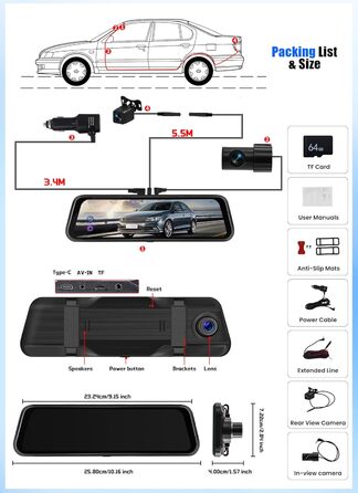 Дзеркало заднього виду з відеореєстратором CAMECHO 2K Full HD, 9.66