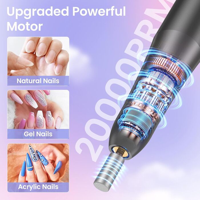 Електричний фрезер для нігтів та манікюру, набір для педикюру та манікюру, 20000 об/хв, для гелю, акрилу, шлейфу та акрилу гелю