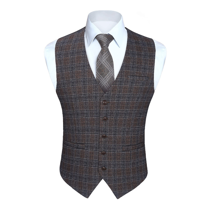 Чоловіча жилетка HISDERN в клітинку, формальна класична жилетка з бавовни, для весілля, в клітку 'Галстук', колір: коричневий