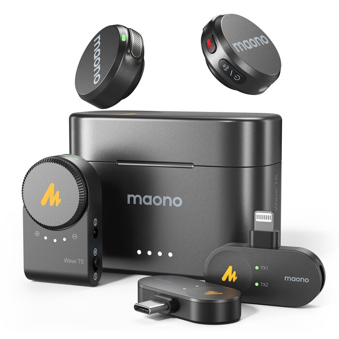 MAONO Бездротовий петличний мікрофон Wave T5 (2TX+3RX) для iPhone 15/16, Android (USB-C) - мікрофон для зйомки відео, з шумозаглушенням, 48kHz/24Bit, 30 годин роботи, 300м радіус дії