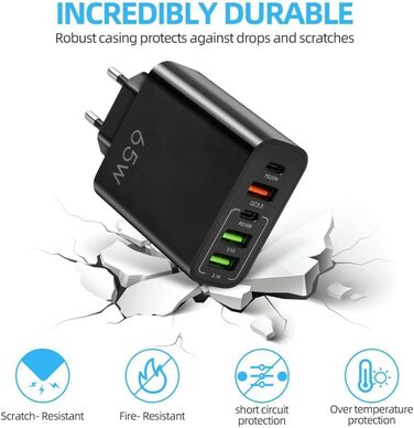 Мережевий адаптер AXFEE 65W 5-портовий з USB-C та USB-A, швидка зарядка PD 3.0, чорний