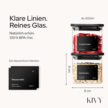 Скляні банки для зберігання KIVY, чорні, 4 шт по 400 мл, з кришкою, повітряно-щільні