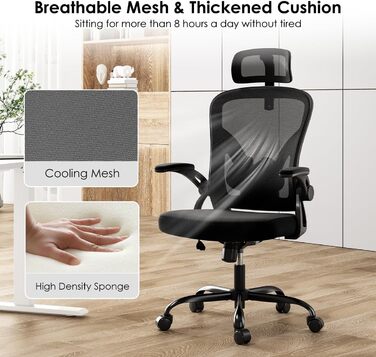 Ергономічне крісло Farini з регулюванням висоти, для офісу та дому, з підголівником, чорне, до 150 кг