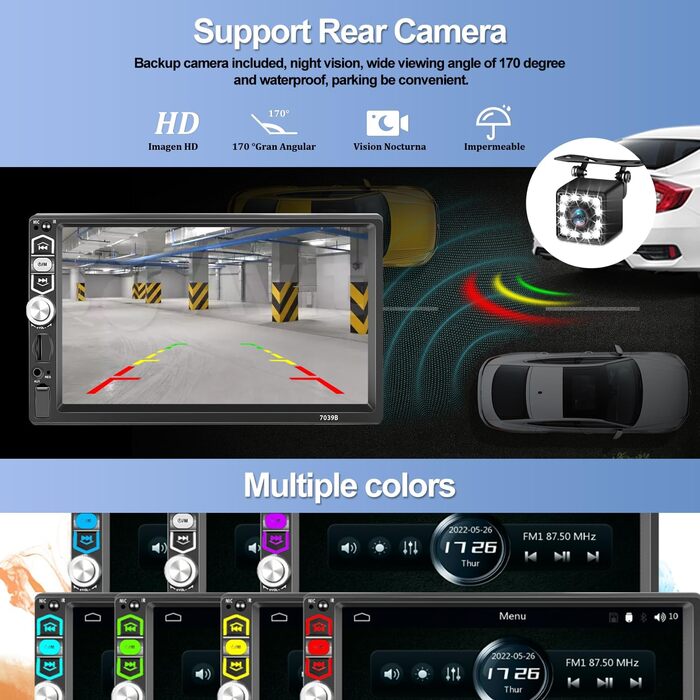 Автомагнітола SIXWIN 1 DIN з 7'' сенсорним екраном, Apple CarPlay, Android Auto, Bluetooth, FM, USB/AUX/TF, з камерою заднього виду, мікрофоном та пультом