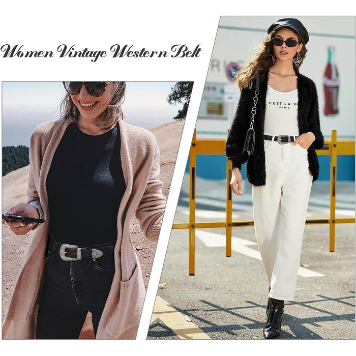 Жіночий шкіряний ремінь JasGood для джинсів та штанів, вінтажний стиль, колір чорний, розмір M (110 см)