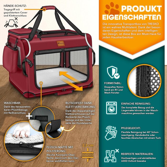 ТRESKO® Транспортна переноска для собак та котів, складана, з підкладкою, лопаткою та світловідбивачами, 50x34x34 см | Переноска для собак, велика, червона