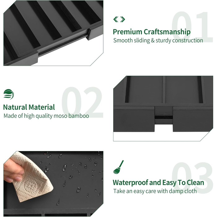 Органайзер для столових приладів Utoplike з бамбука, розширюваний, для кухні та офісу, чорний (5-7 секцій)