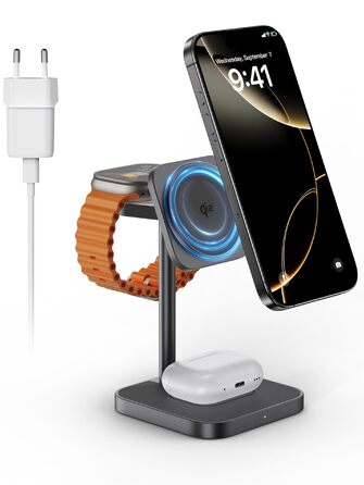 LULULOOK Qi2 Магсейф Зарядна Станція 3 в 1 з Алюмінію для Apple Watch та iPhone, 15W Швидка Зарядка (17 Pro Max/17 Pro/17 Air/17), 5W для Apple Watch Ultra, AirPods, Титан (Сірий)