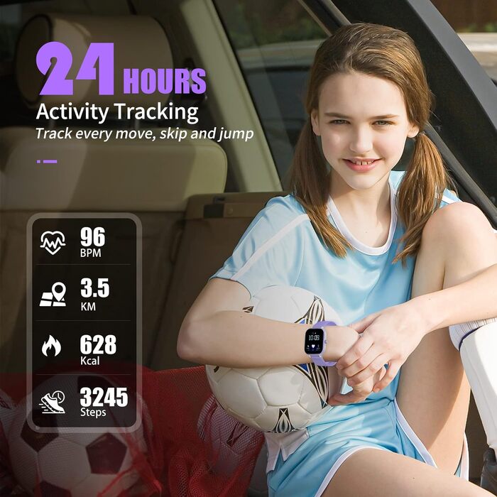 Дитячий фітнес-трекер: крокомір, вимірювання пульсу, 19 режимів, водонепроникний IP68, фіолетовий