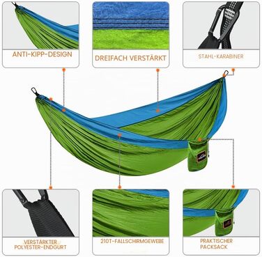 Туристичний гамак Anortrek для 1 особи (280x140 см), ультралегкий нейлоновий гамак для кемпінгу та відпочинку з ремнями для дерев, витримує до 249 кг, Olive Green/Blue