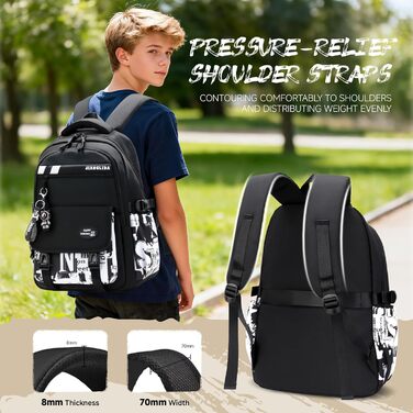 Шкільний рюкзак Tanou для хлопчиків-підлітків, принт графіті, водонепроникний, 10-18 років, для школи, гімназії, старшої школи (чорний/білий)