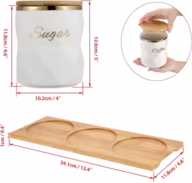 BTSKY White Ceramic Canisters for Sugar, Coffee, Tea, with Lid and Tray, Airtight, Set of 3 Storage Containers, Food Storage Containers, Pots, Jars with Bamboo Lids for Kitchen Counter