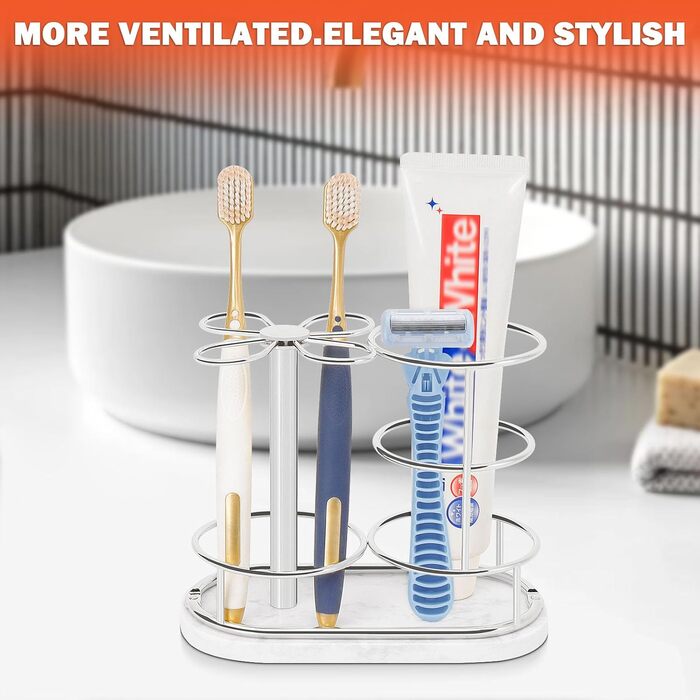 HarJue Bathroom Toothbrush Holder, Metal Toothbrush Organizer with Marble Base, Toothbrush Storage Collection for Family, Suitable for Home, Hotel, Countertop, Vanity (Chrome Finish, Medium)