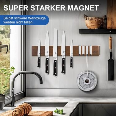 ENOKING Magnetic Knife Rail 40 cm, Magnetic Knife Block without Knives, Magnetic Knife Holder made of Acacia Wood with 4 Hooks