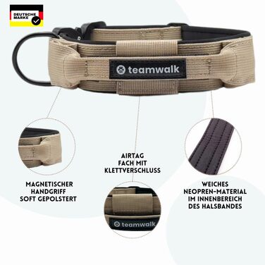 Teamwalk® Преміум нашийник для собак - з магнітною ручкою, світловідбиваючими смугами, кишеню для AirTag, індивідуальне регулювання, м'яке ущільнення, міцний замок, з відповідним поводом, ЛЕГШИЙ, Зелений (Розмір S(4см), Бежевий)