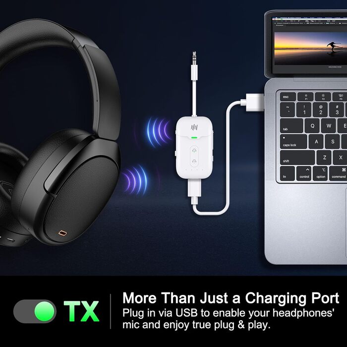 Bluetooth адаптер-трансмітер та ресивер 2-в-1 для літака та аудіосистем, версія 5.4, aptX, 3.5мм Jack (білий)