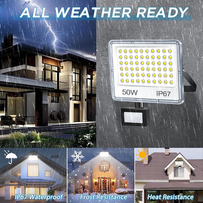 LED Floodlights with Motion Sensor Outdoor 100W 2 Pack, 10000LM LED Spotlights with Motion Sensor, 6500K Cool White Outdoor Floodlights, IP67 Waterproof Floodlights for Warehouse Garden Garage (50W-1PC)