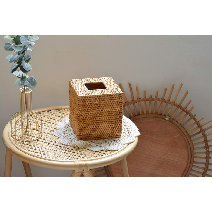 Rattan Cosmetic Tissue Box, Decorative Woven Tissue Holder, Napkin Dispenser for Bathroom/Kitchen/Office, 14.5 x 14.5 x 14.5 cm