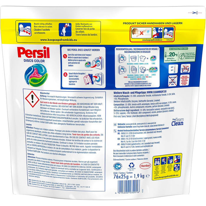Капсули для прання Persil 4in1 Color DISCS, глибоке очищення та гігієнічна свіжість для кольорових речей, 76 шт