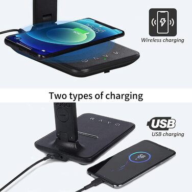 LED настільна лампа CSYY з бездротовим зарядним пристроєм 10W, 3 кольори, 5 рівнів яскравості, пам'ять, сенсорне керування, захист очей для офісу та читання