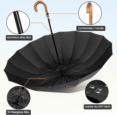 NINEMAX Large Windproof Umbrella - Wooden Handle Stick Umbrella for Men & Women - 16 Ribs Automatic Open - Double Layer Black