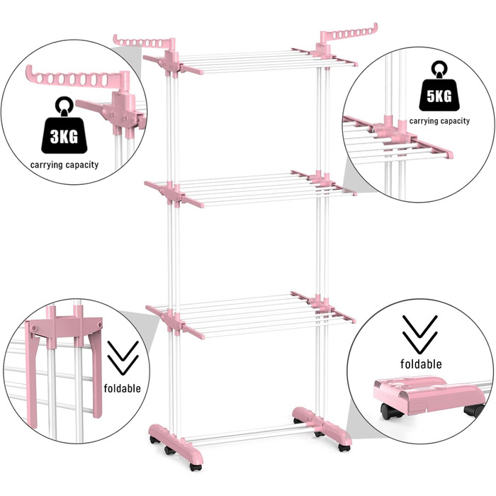 Клатковий сушильник для білизни InnoTic з 4 ярусами та колесами - великий, для дому та вулиці (білий/сірий)