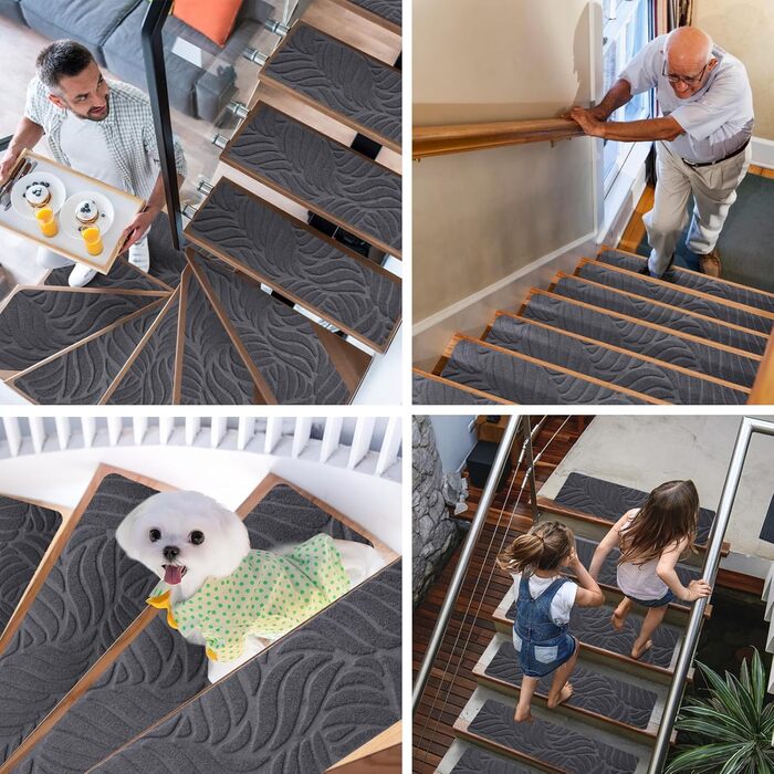 Килимки на сходи YISUN 15 шт., антиковзні, самоклейні, прямокутні 20x65 см, сірі. Для дітей, літніх людей та собак (внутрішній/зовнішній)