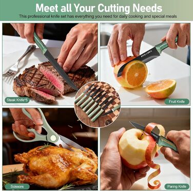 Набір кухонних ножів Messerblock з 16 частинами: ножі, обробна дошка, захист пальців, точилка та кухорізаки. Професійний набір для дому (зелений)