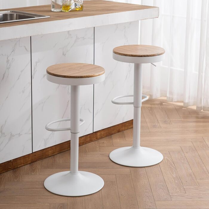 Kidol Adjustable Height Bar Stools 2-Pack - 360° Swivel, Round Wooden Seat on Metal Frame, for Kitchen/Bar/Living Room (White)