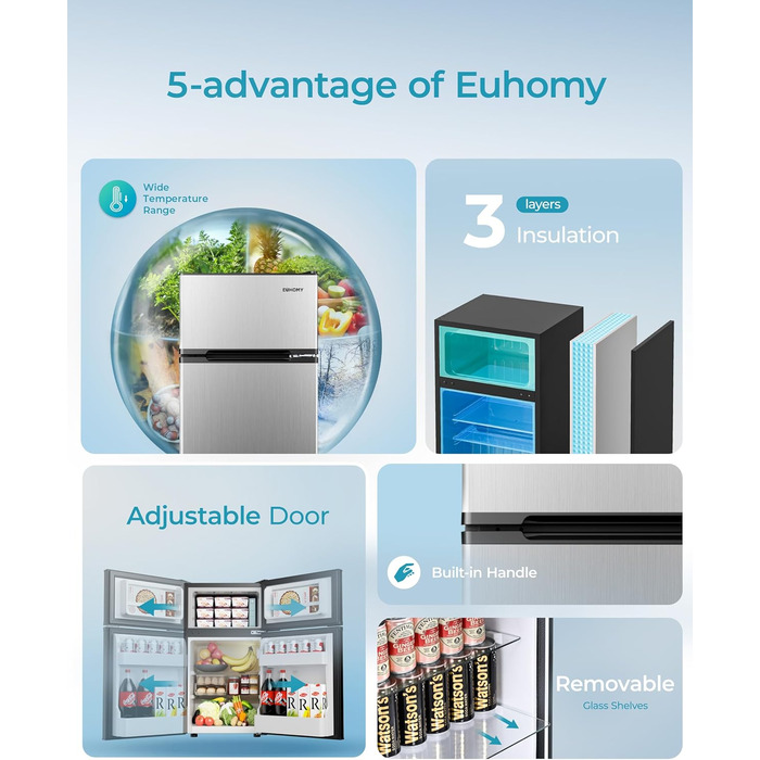 EUHOMY Міні холодильник 46L, компактний холодильник з регулюванням температури, тихий (38dB), енергоефективний для спальні, офісу, сріблястого та чорного кольорів