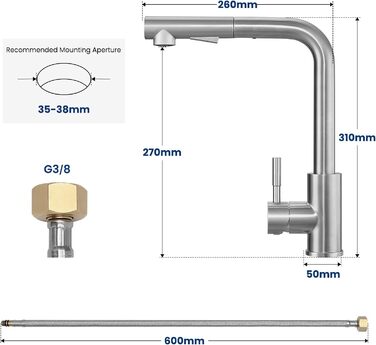 Змішувач кухонний висувний CECIPA з донним виливом, нержавіюча сталь, 2 режими, 360° оберт, високий тиск