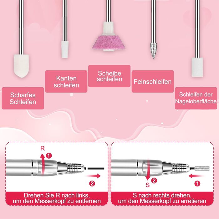 Електричний фрезер для нігтів Nailgirls 11 в 1 з педаллю, 35000 об/хв, для гель-лаку, манікюру та педикюру (Рожевий)